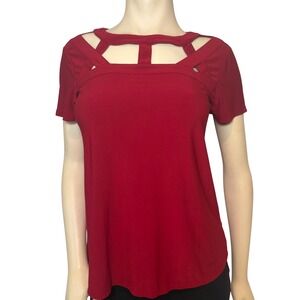 AUW Womens Red Cage Neck Cutout Short Sleeve Blouse Top T63550400M Small